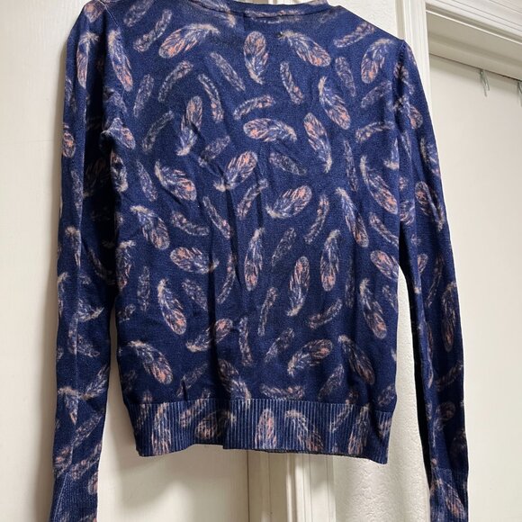 Miss Jolie London Feather Print Cardigan | Navy Blue Long Sleeve Sweater Small - Picture 2 of 3